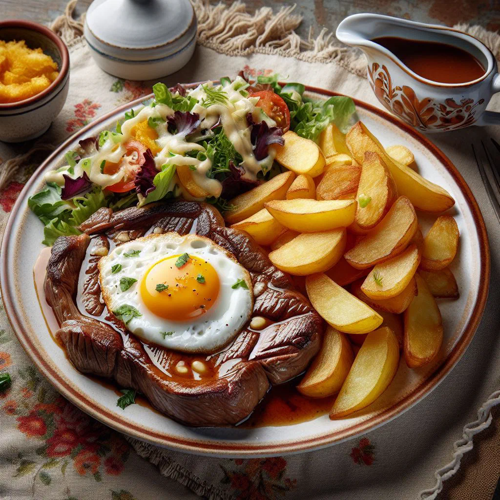 Bife à Portuguesa beef steak with fried onions and golden potatoes