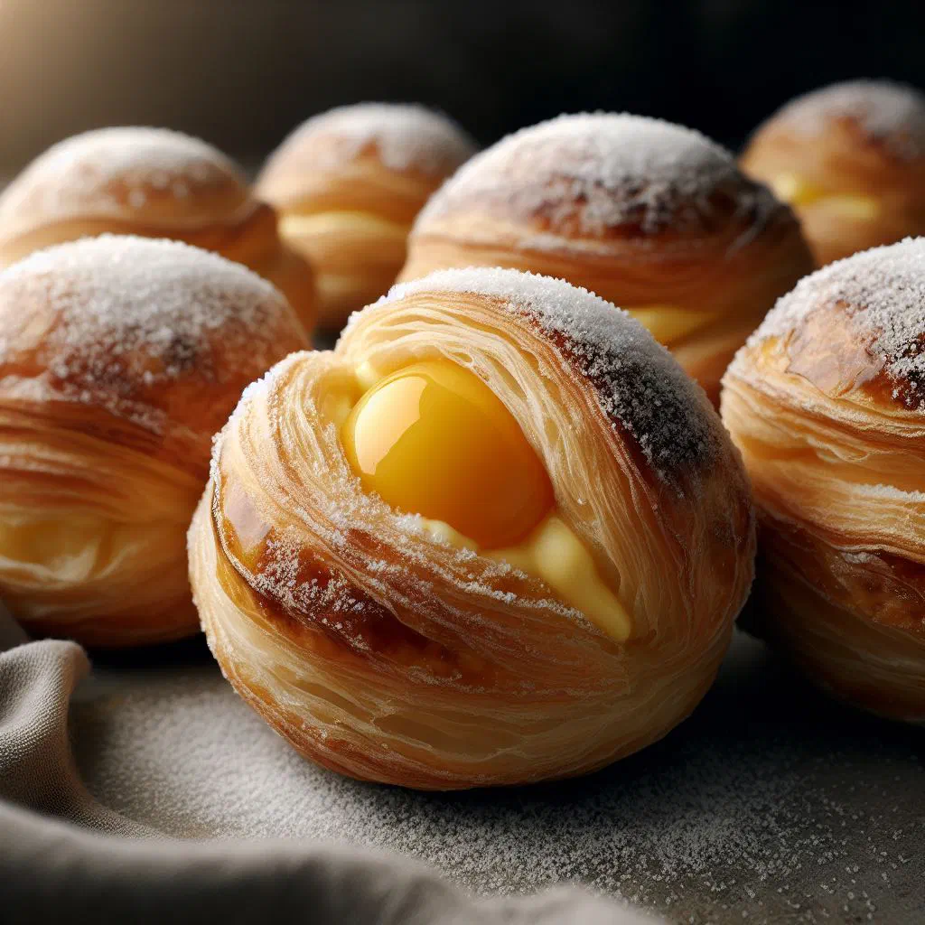 Golden Bolas de Berlim dusted with sugar and filled with custard cream