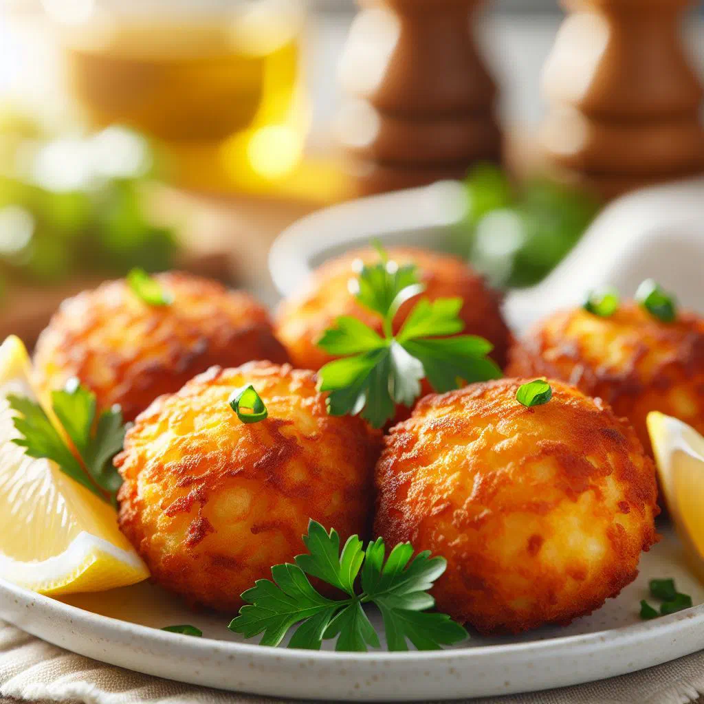 Golden fried bolinhos de bacalhau cod cakes with lemon and parsley