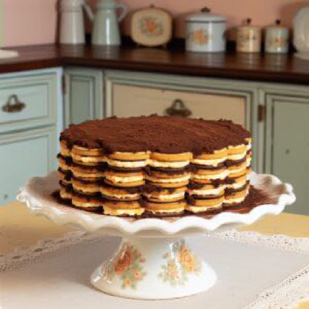 Layered Portuguese bolo de bolacha biscuit cake topped with crushed biscuits