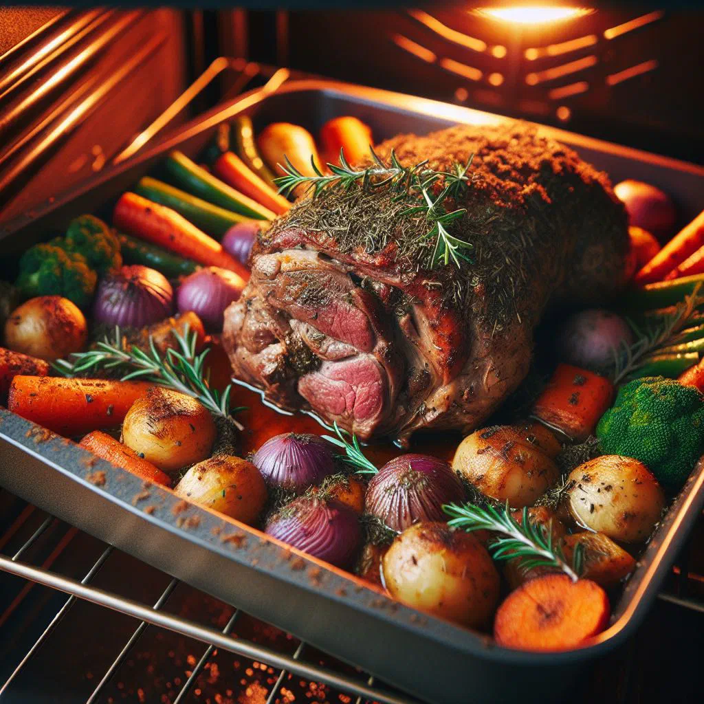 Oven-roasted lamb with rosemary and garlic on a serving board