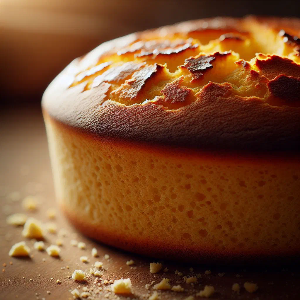 Golden loaf of broa de milho with a crisp crust on a wooden board