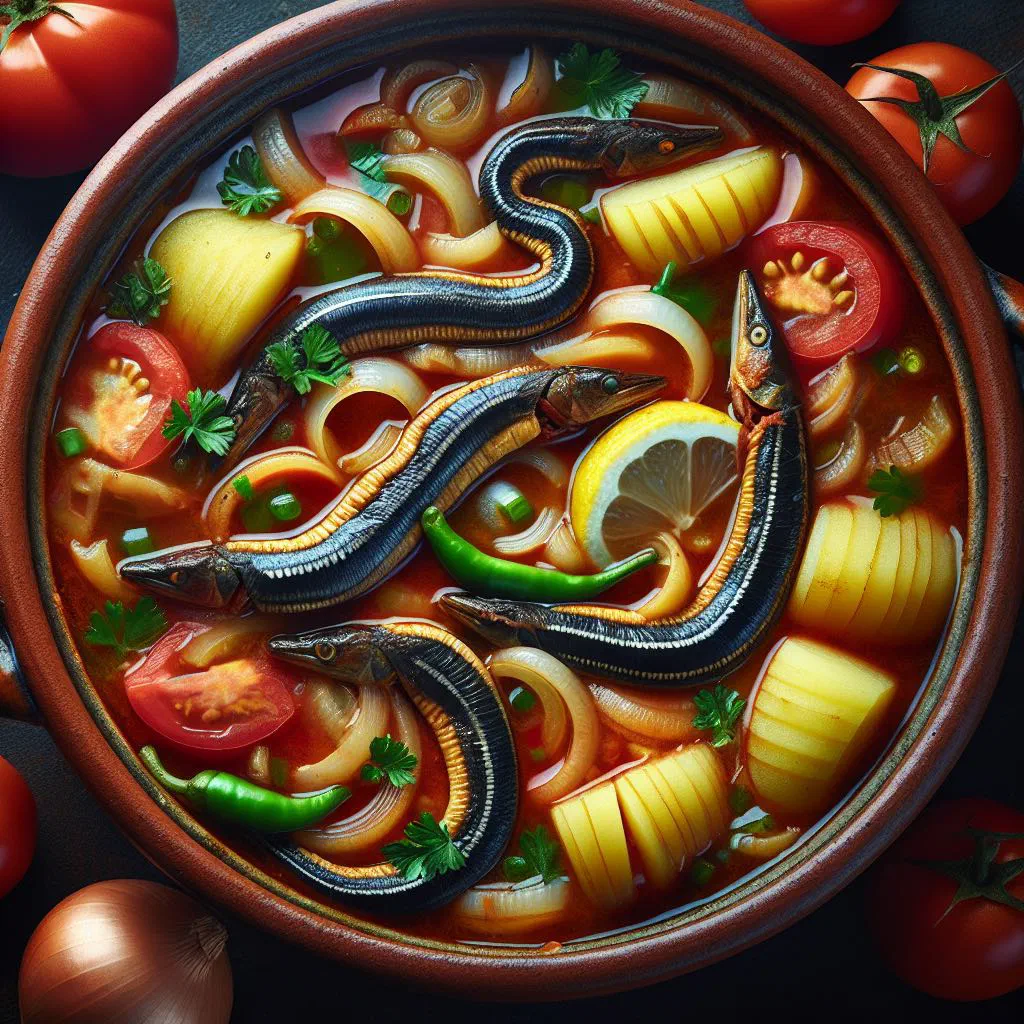 Portuguese eel stew with potatoes, peppers and tomatoes in a rustic bowl
