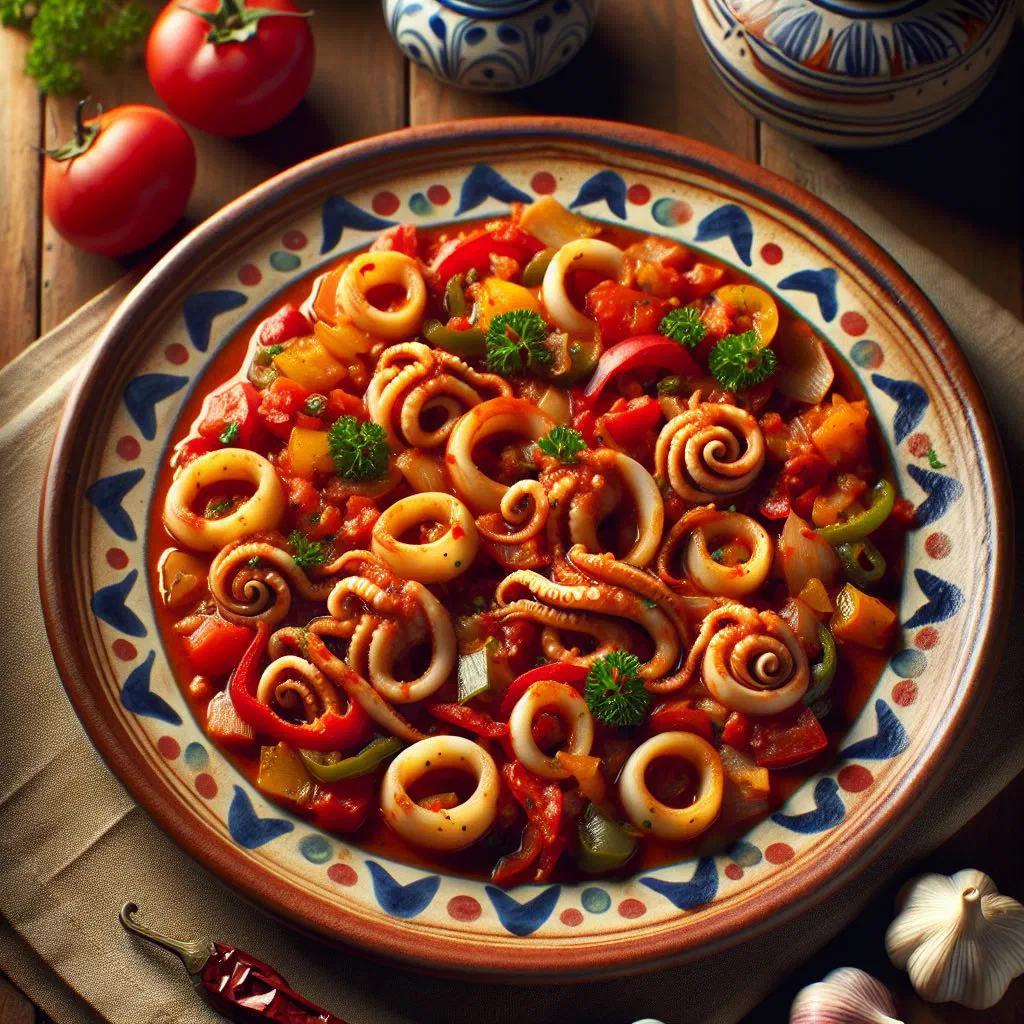 Portuguese squid stew with peppers and tomatoes garnished with parsley