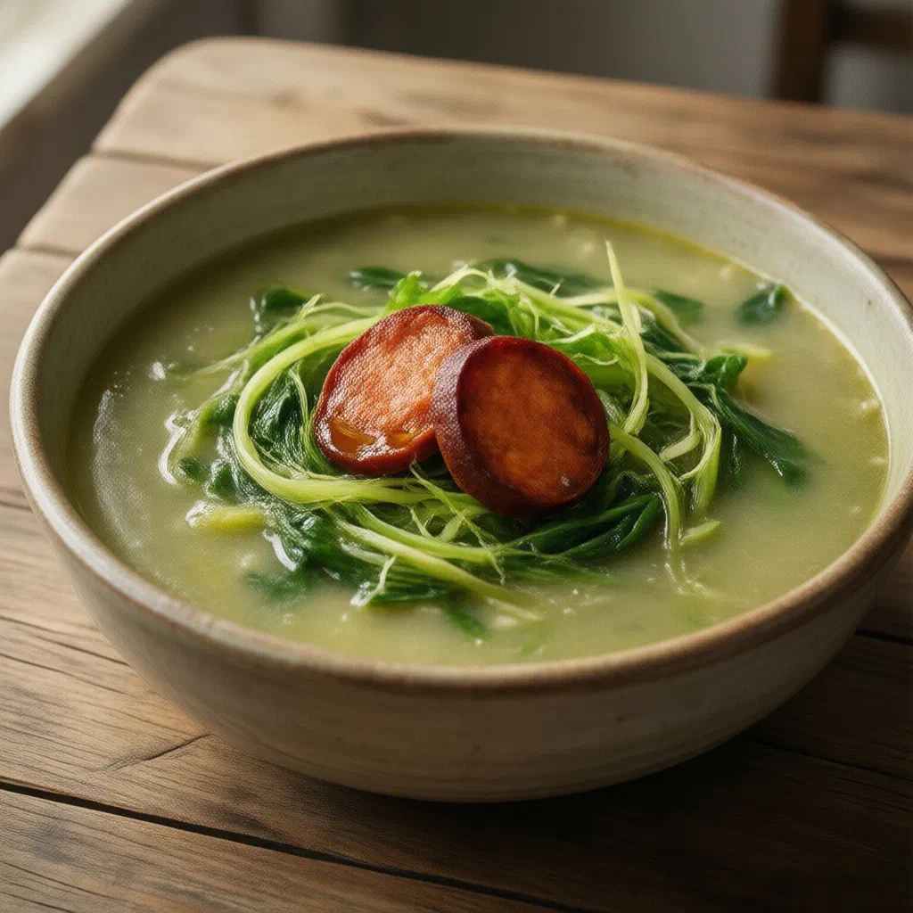 A bowl of caldo verde with shredded kale, potato broth and slices of chouriço