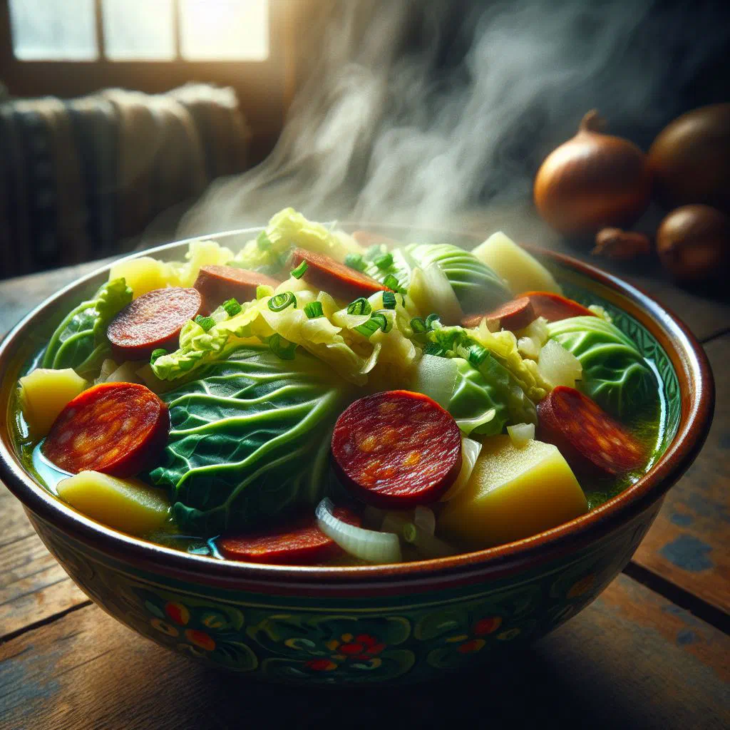 A bowl of caldo verde with shredded kale, potato broth and slices of chouriço