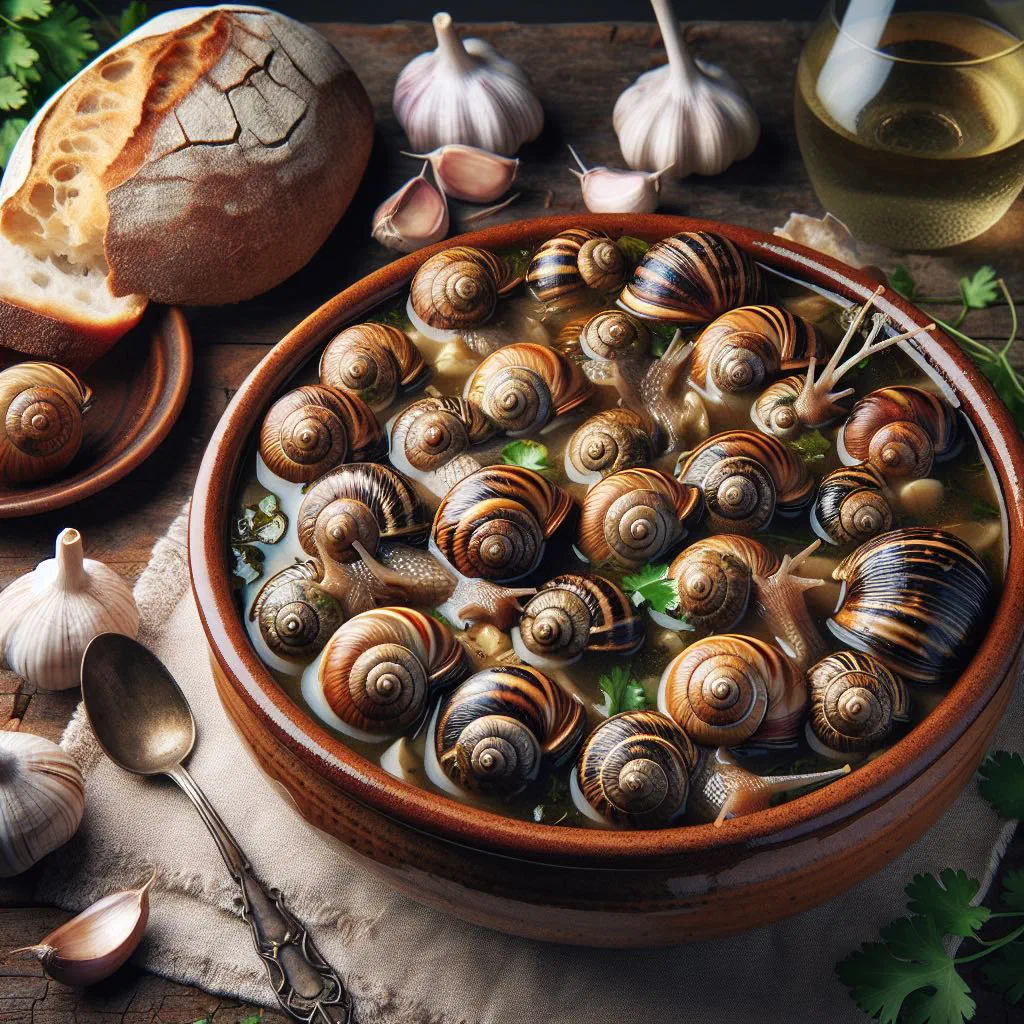 Bowl of small Portuguese snails simmered in a fragrant herb broth