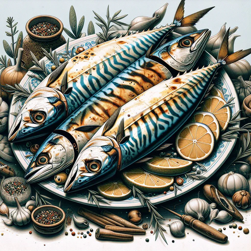 Marinated mackerel fillets pan-fried with lemon slices