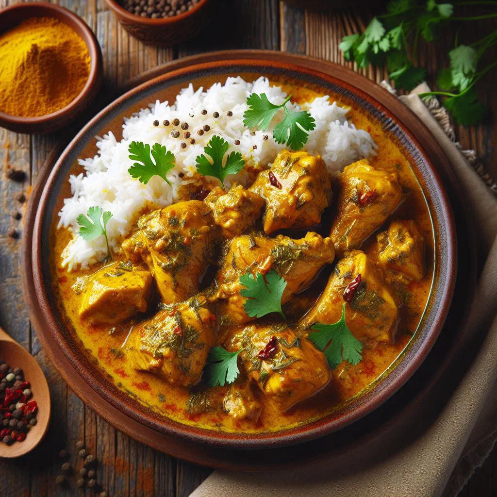 Portuguese chicken curry in coconut sauce garnished with fresh coriander