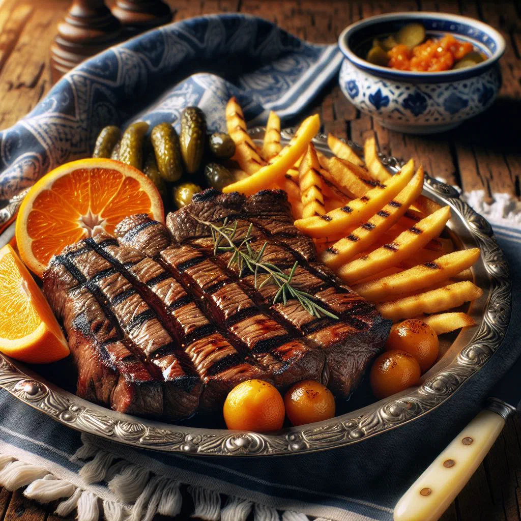 Grilled Portuguese-style beef with charred vegetables and crusty bread