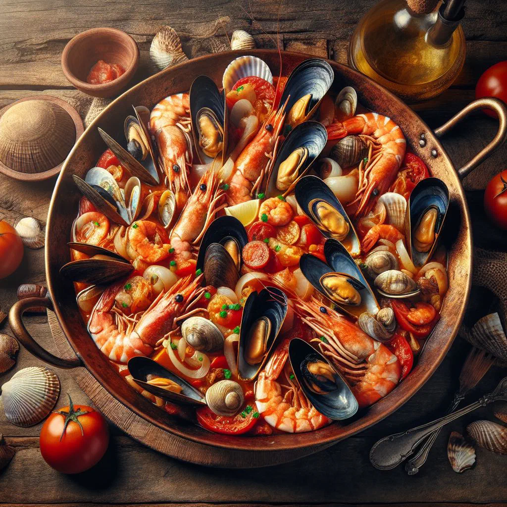 Cataplana de marisco with prawns, mussels and squid in a copper pan