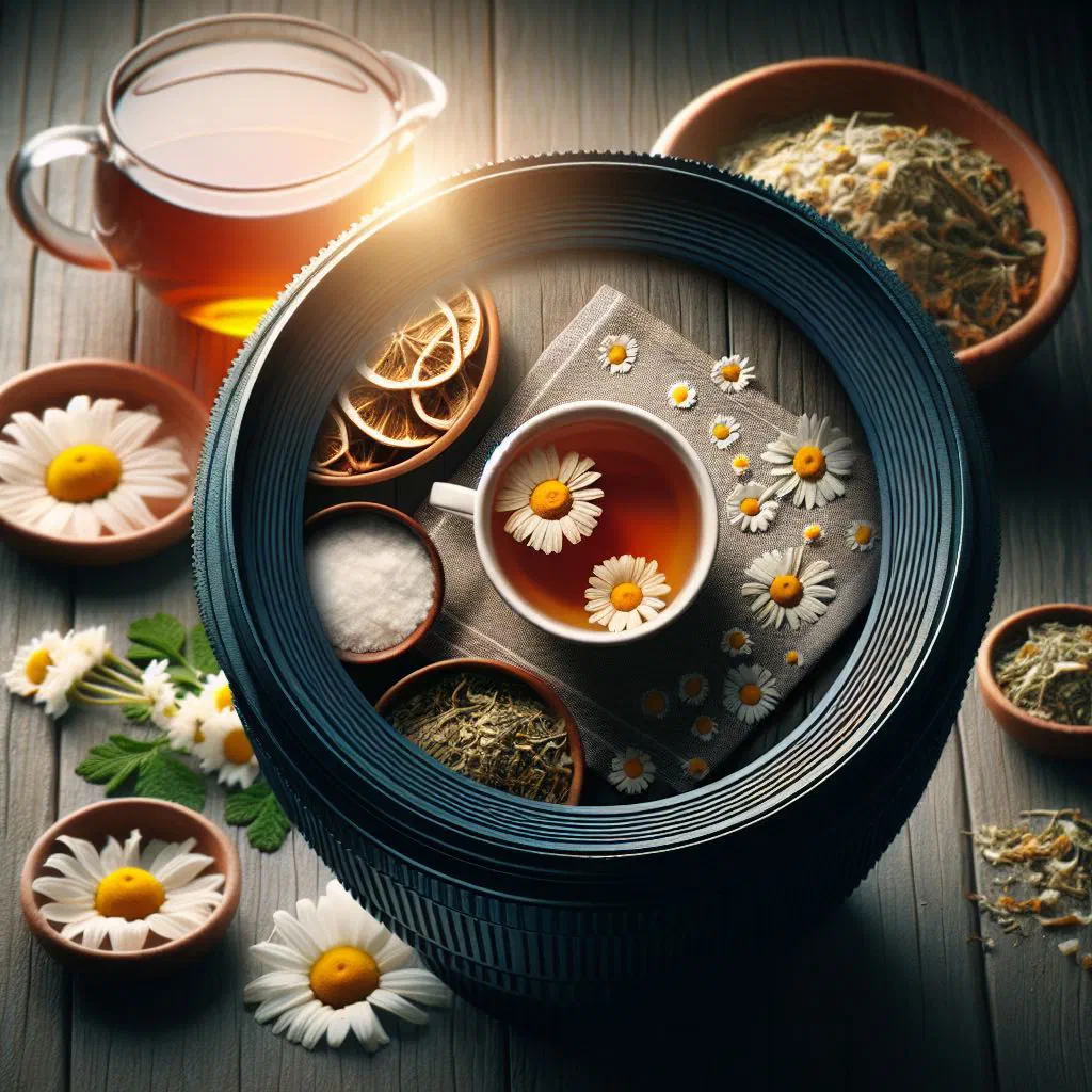 A cup of golden chamomile tea with dried flowers and a slice of lemon