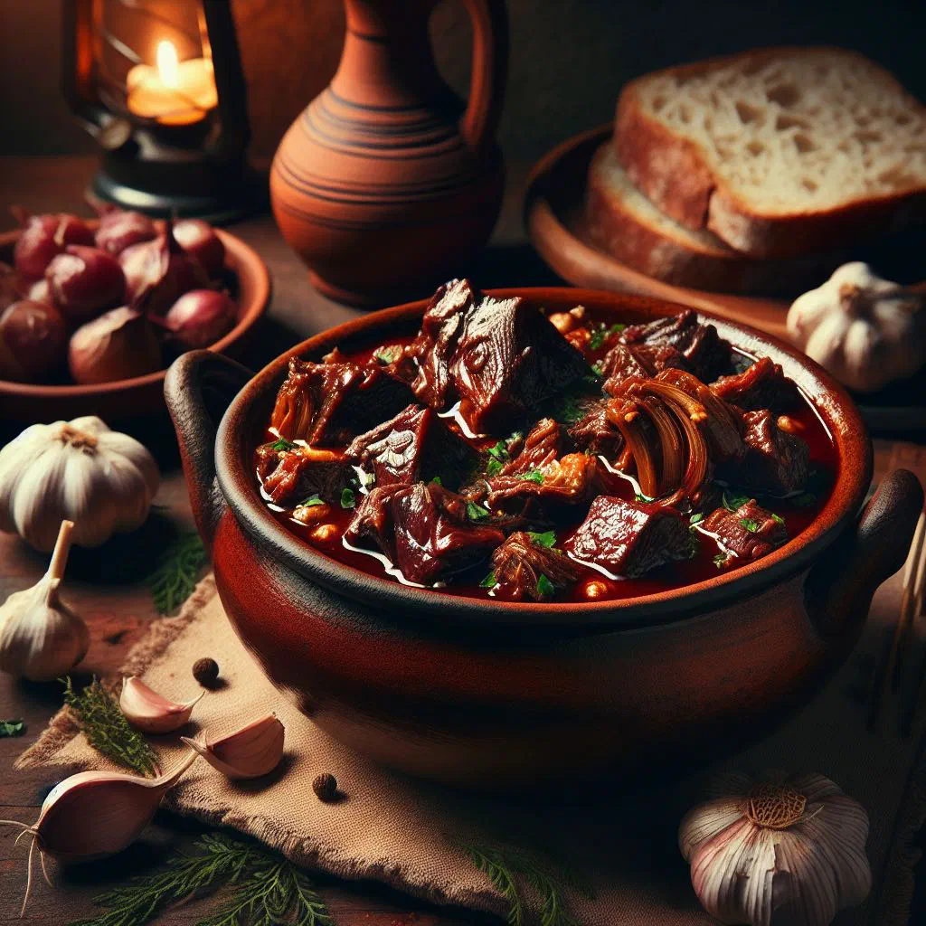 Chanfana de cabra slow-cooked in red wine in a rustic clay dish