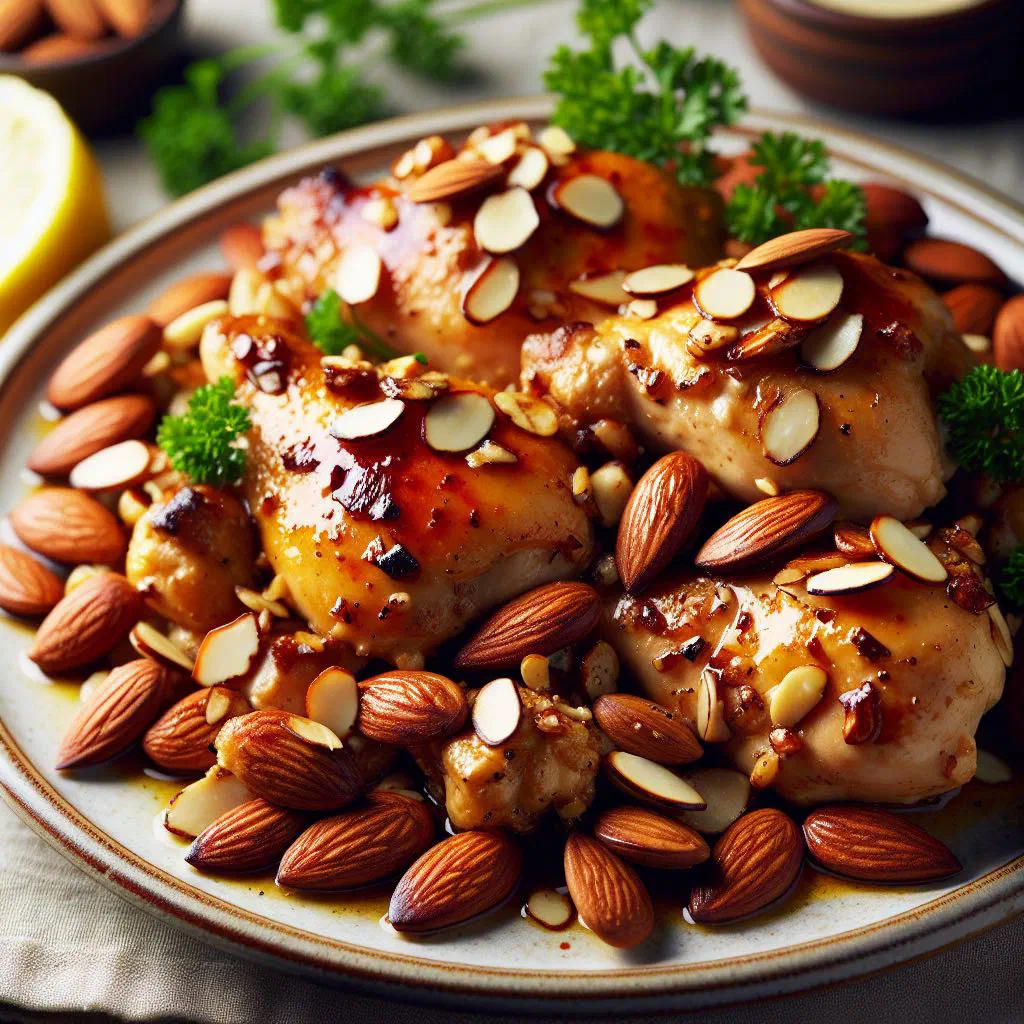 Portuguese chicken with almonds in a creamy almond sauce, garnished with parsley