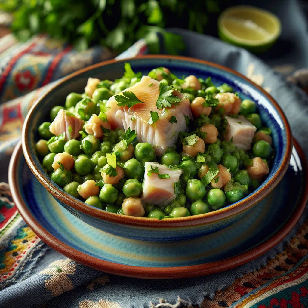 Portuguese chickpea salad with flaked salt cod, red onion and parsley