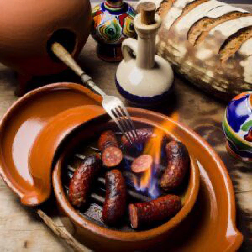 Grilled chouriço slices served with rustic bread and fresh herbs