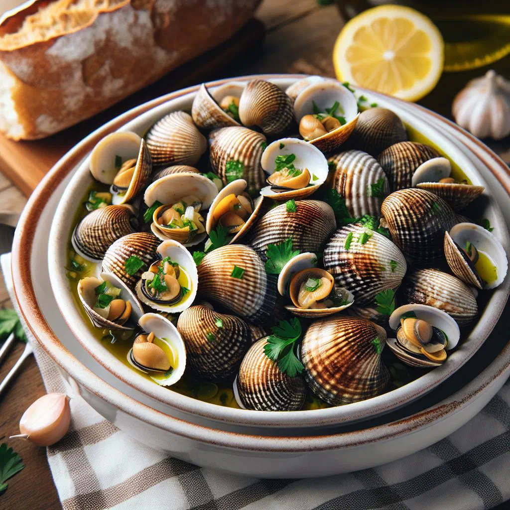 Clams in a garlic and parsley sauce served with lemon wedges