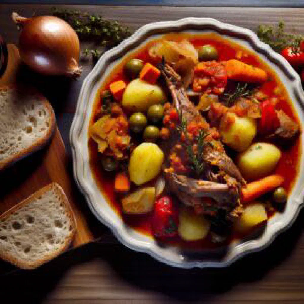 Hunter-style rabbit stew with olives in a rich red wine sauce