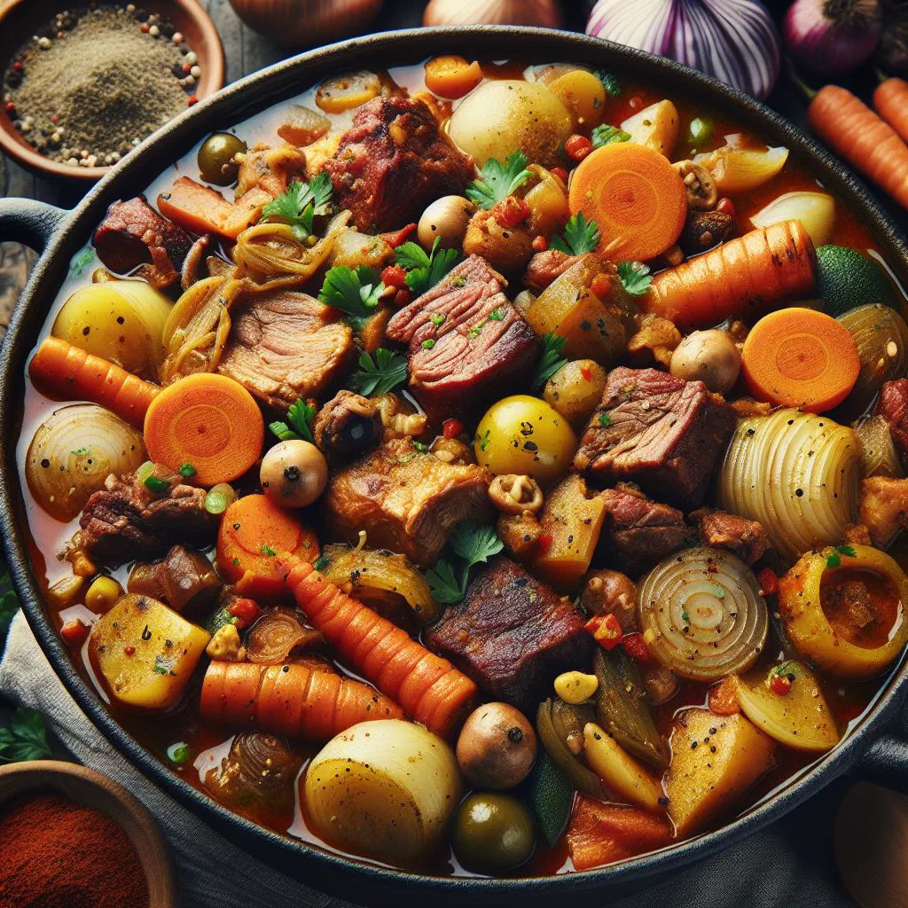 Cozido à Portuguesa with boiled meats, sausage and vegetables on a platter