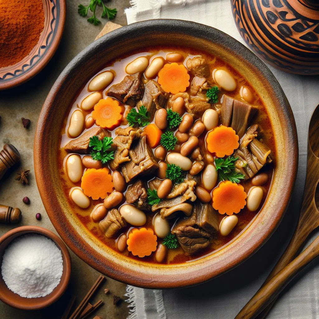 Dobrada à Moda do Porto served in a rustic bowl with chickpeas and tender beef