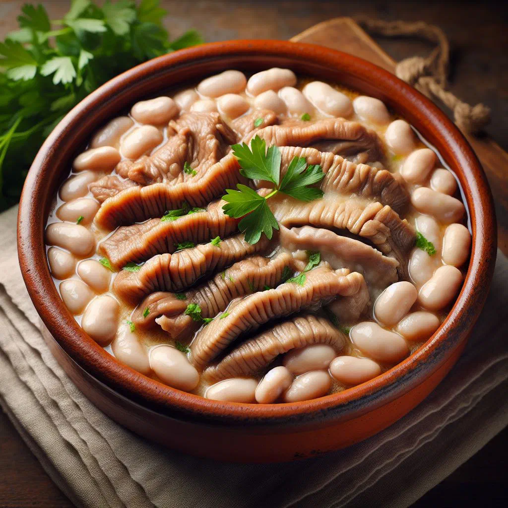 Portuguese tripe and white bean stew served in a rustic bowl