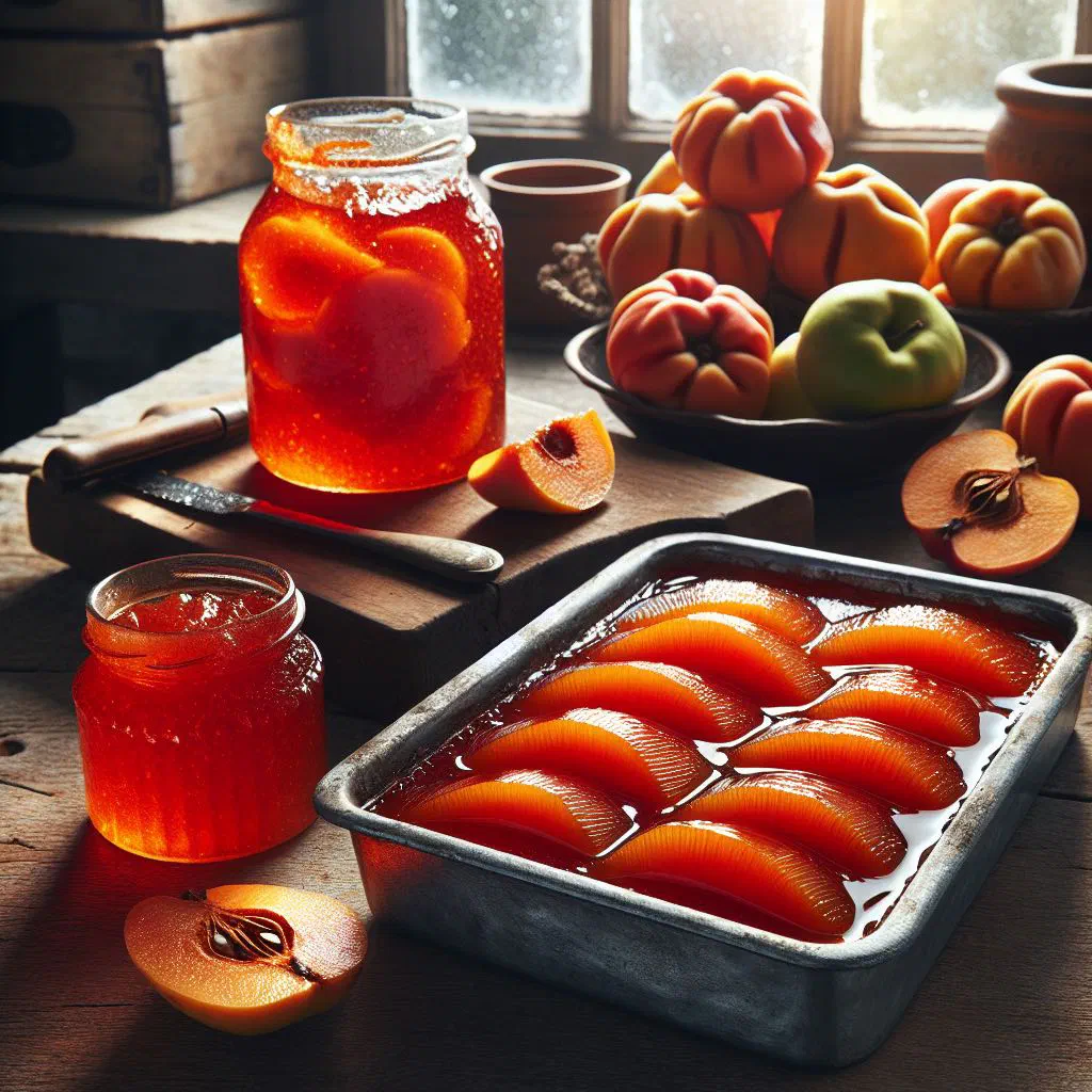 Deep amber quince paste set in a glass jar with fresh bread