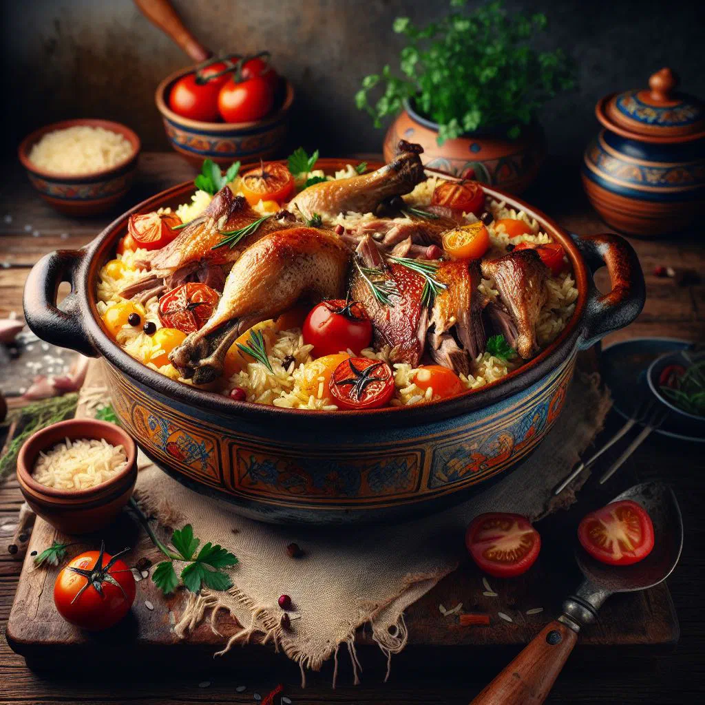 Portuguese duck rice with tender duck and golden baked rice