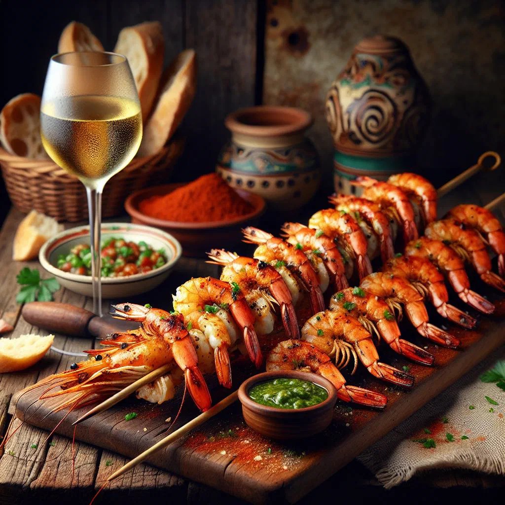 Grilled prawn skewers garnished with fresh parsley and lemon