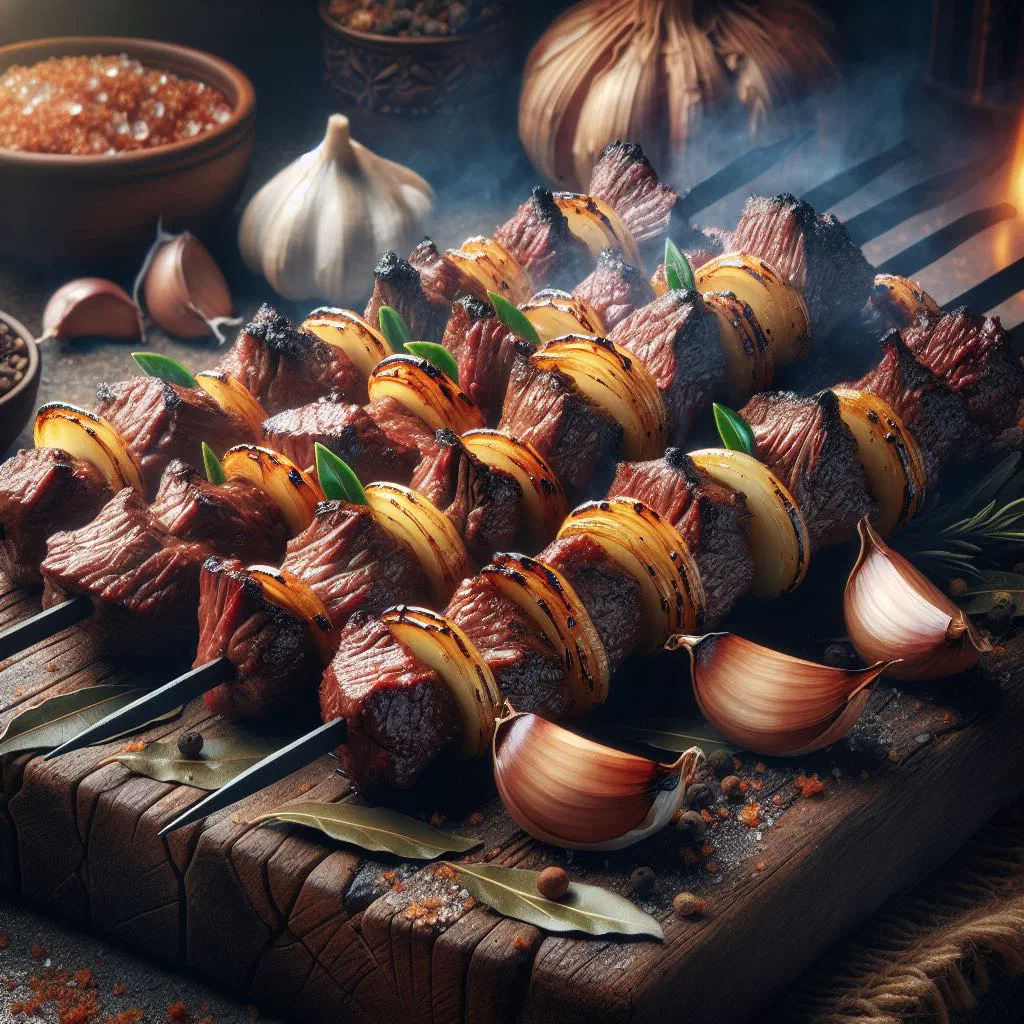 Grilled Madeiran beef skewers with bay leaves and onions