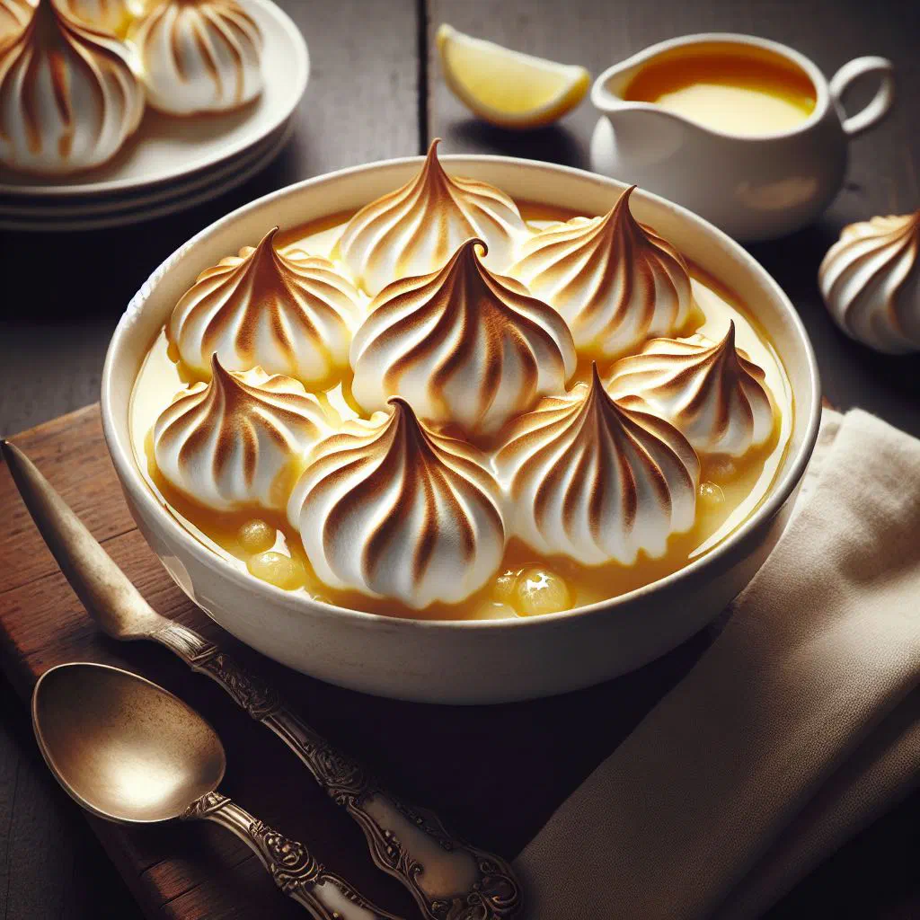 Soft poached meringues floating on creamy vanilla custard
