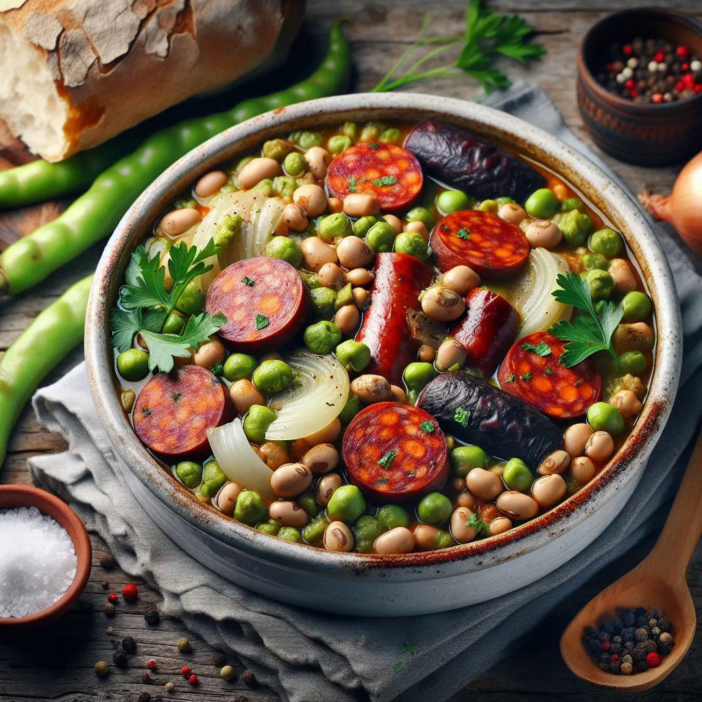 Favas à Portuguesa with tender green beans and sliced chorizo