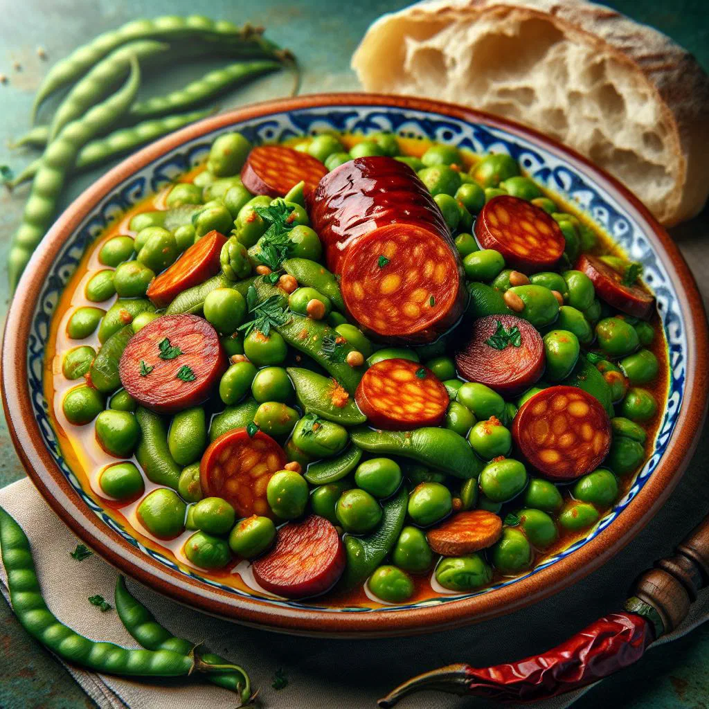 Favas com chouriço with broad beans and sliced chouriço sausage in a rustic bowl