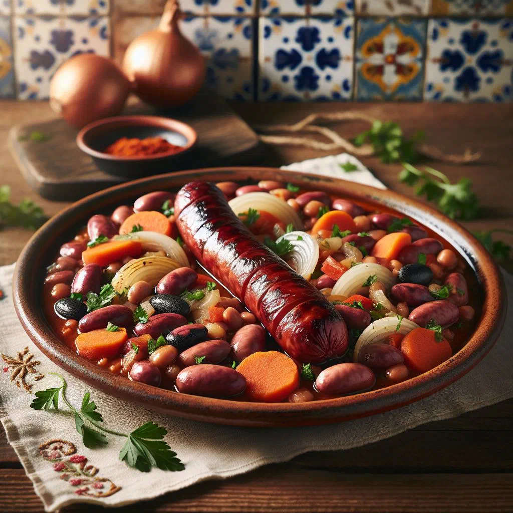 A rustic bowl of Feijão à Portuguesa bean stew garnished with fresh parsley