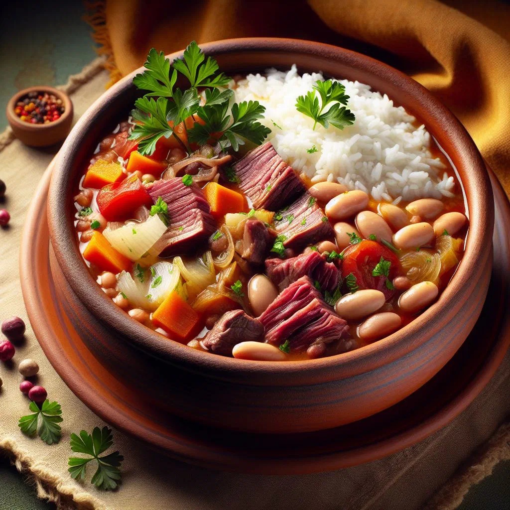 Hearty feijoada bean stew with tender pieces of meat in a deep bowl