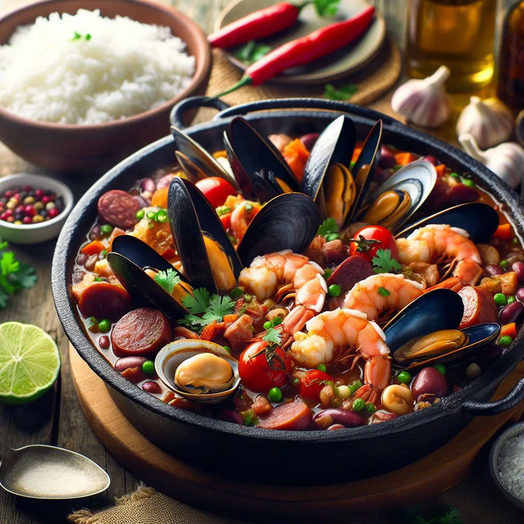 Portuguese seafood feijoada with cod and prawns garnished with parsley