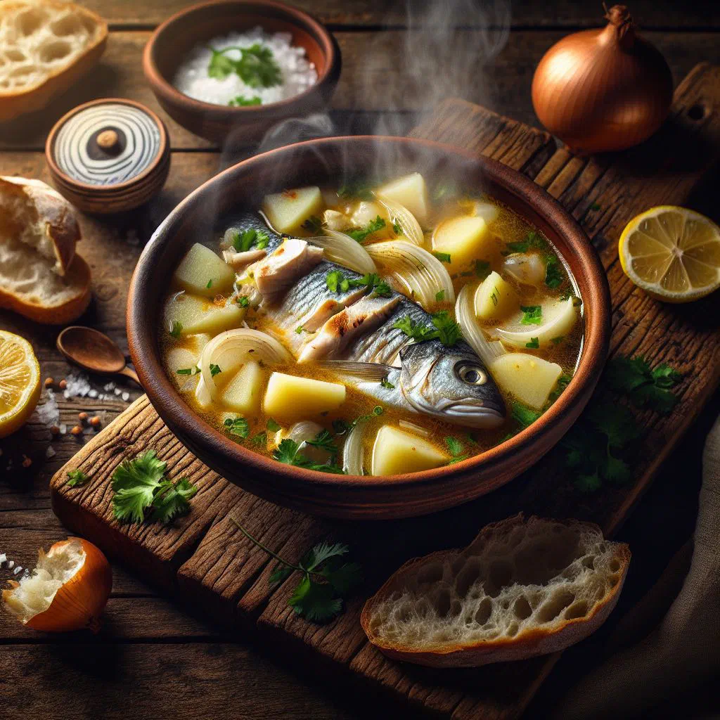 A bowl of Portuguese caldo de peixe fish soup with potatoes and fresh herbs