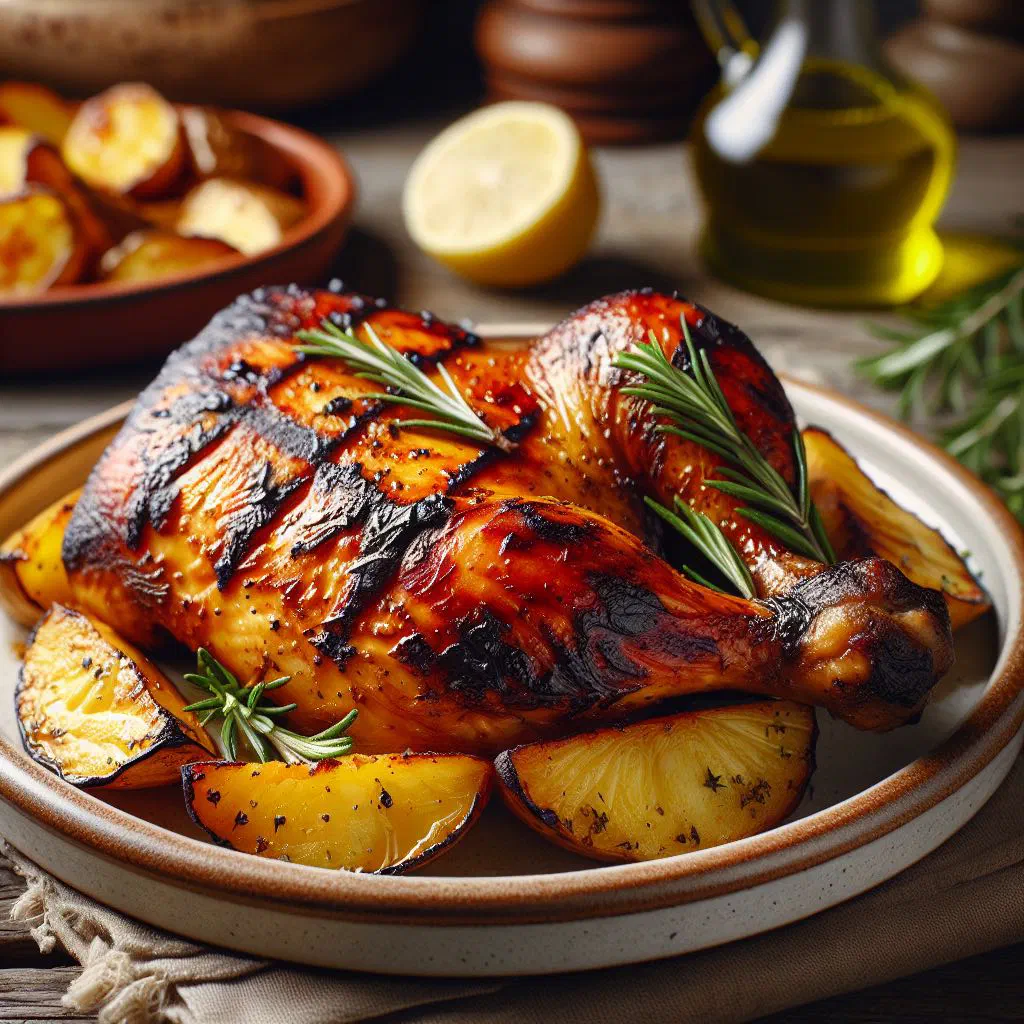Grilled Portuguese frango de churrasco with crisp golden skin and fresh herbs