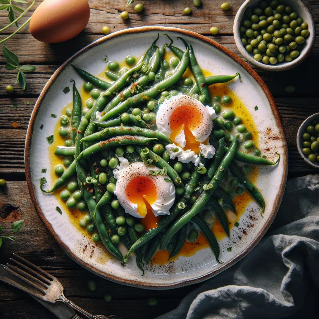 Green beans with poached eggs in olive oil, garnished with fresh herbs