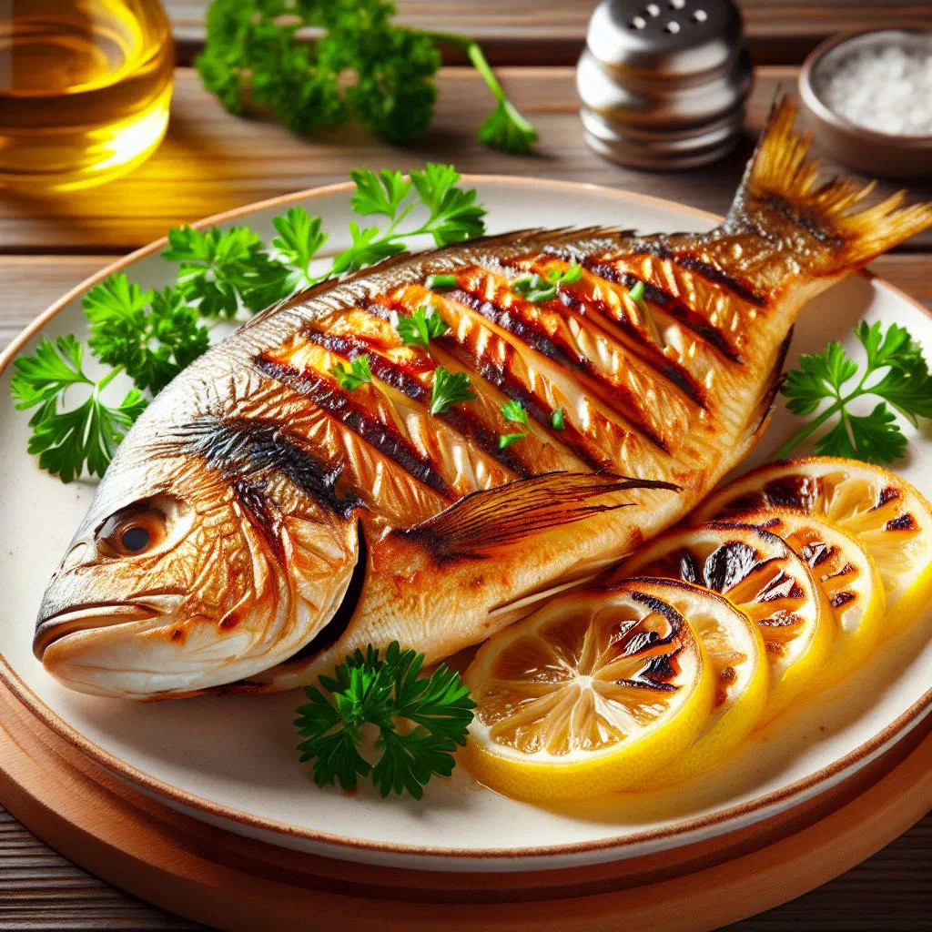 Whole grilled sea bream with lemon slices and fresh herbs on a platter
