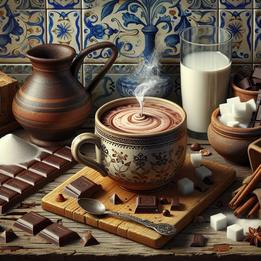 A mug of thick Portuguese hot chocolate topped with whipped cream