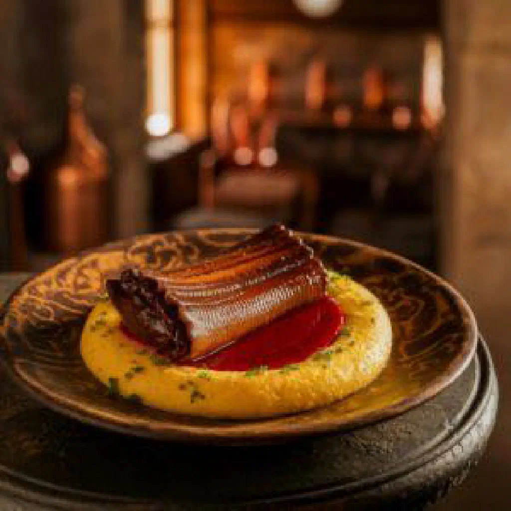 Lampreia à Bordalesa simmered in red wine and garnished with fresh parsley