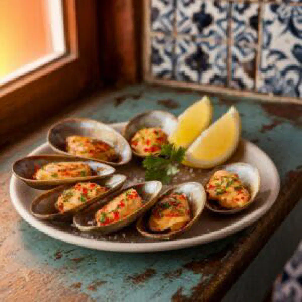 Grilled limpets in garlic butter with parsley and lemon wedges
