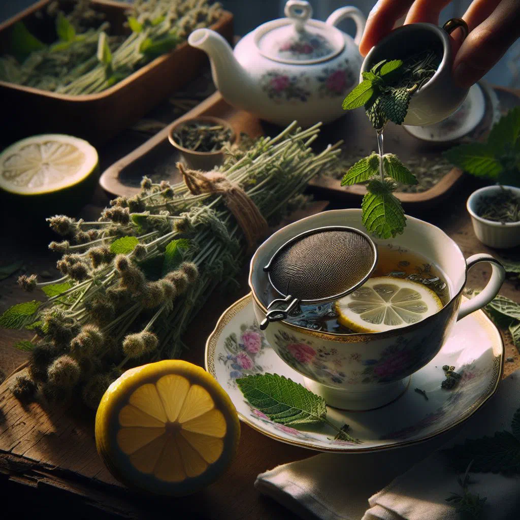 A clear cup of lemon balm tea garnished with a slice of lemon and fresh leaves