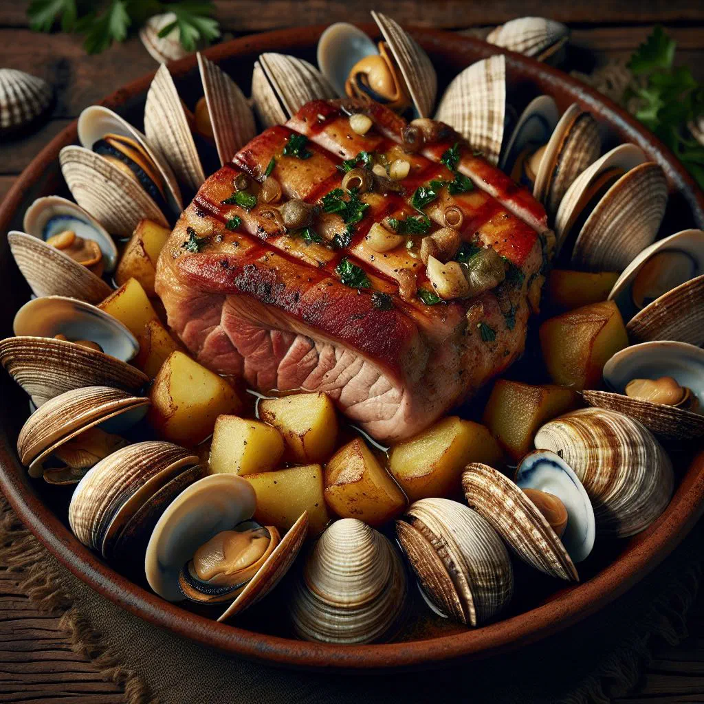 Tender pork loin Alentejana style with black olives and crispy potatoes
