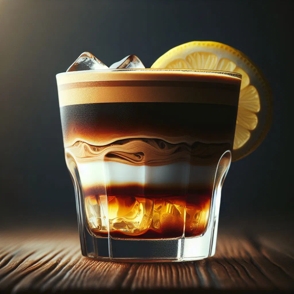 Tall glass of iced Mazagran coffee with lemon slices and fresh mint