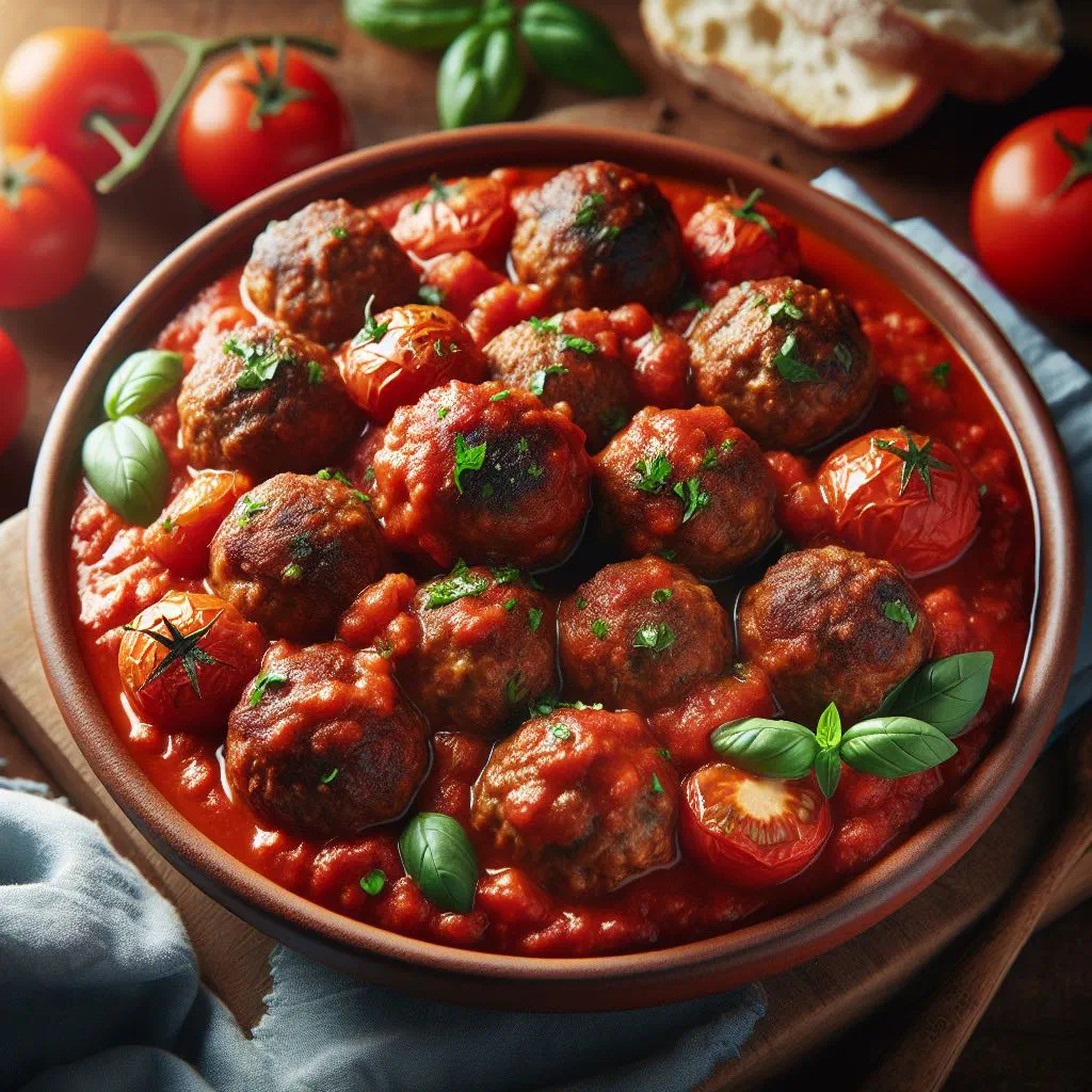 Portuguese meatballs simmering in a rich tomato sauce, garnished with parsley
