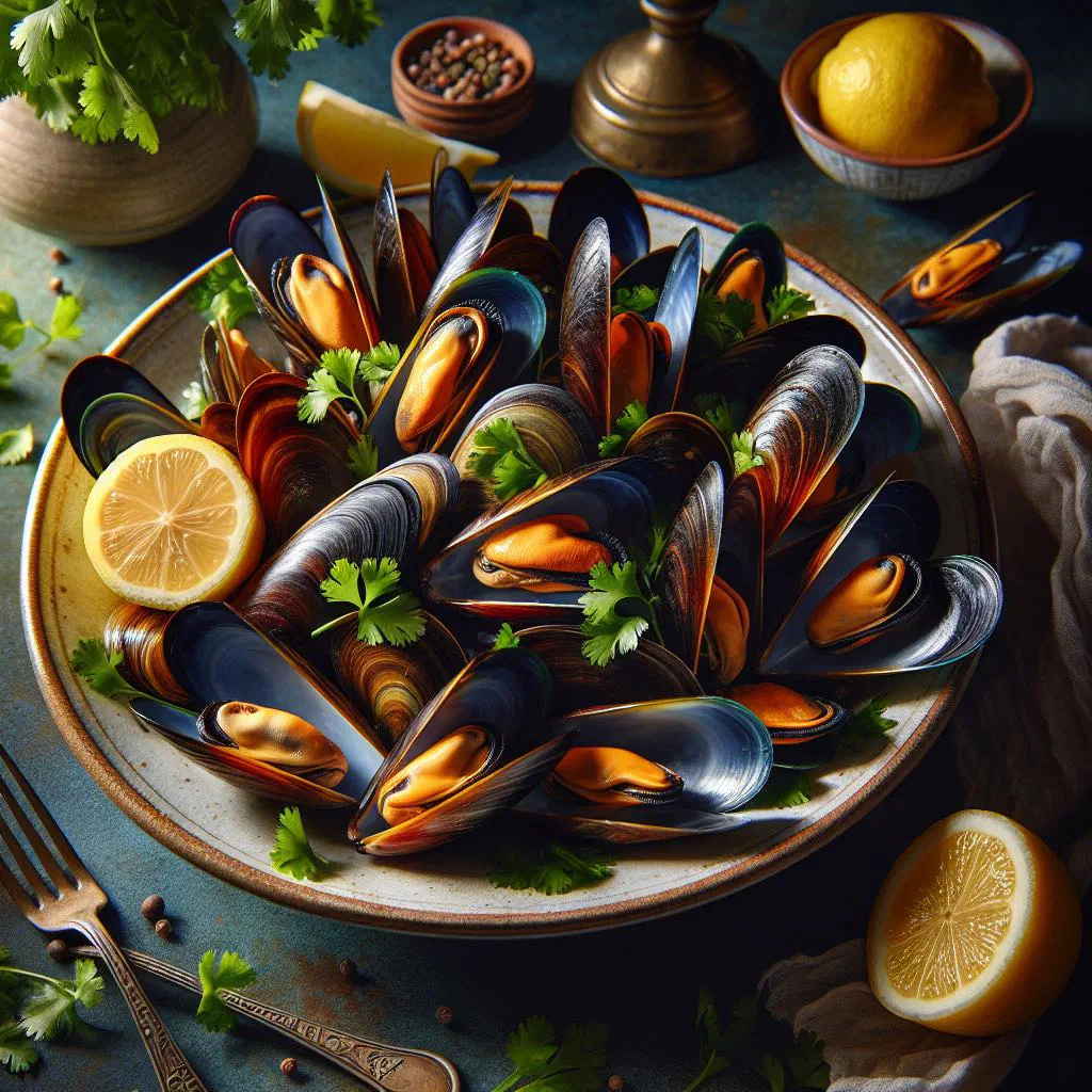 Mussels in a garlic and coriander broth garnished with lemon wedges