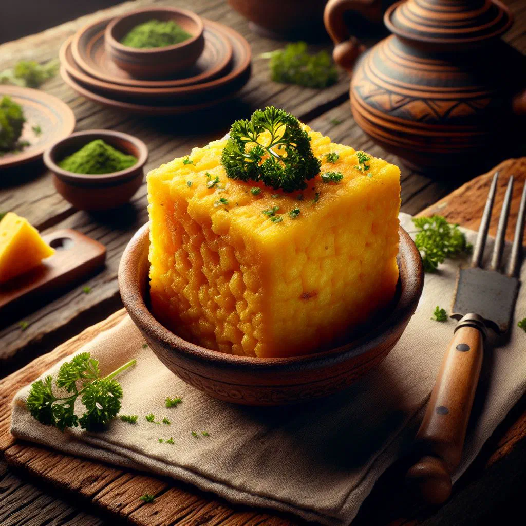 Golden, crispy fried cornmeal cubes garnished with fresh parsley
