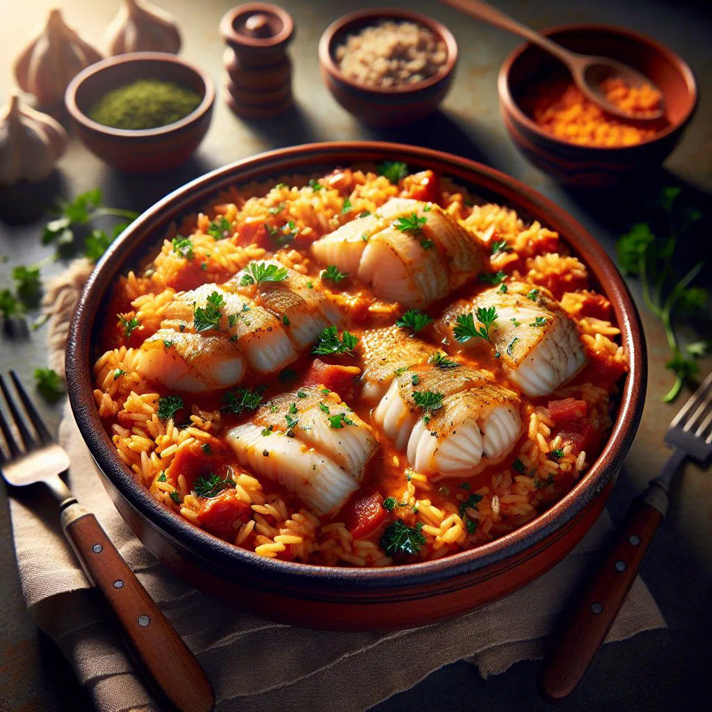 Portuguese monkfish rice with tomatoes and fresh parsley in a bowl
