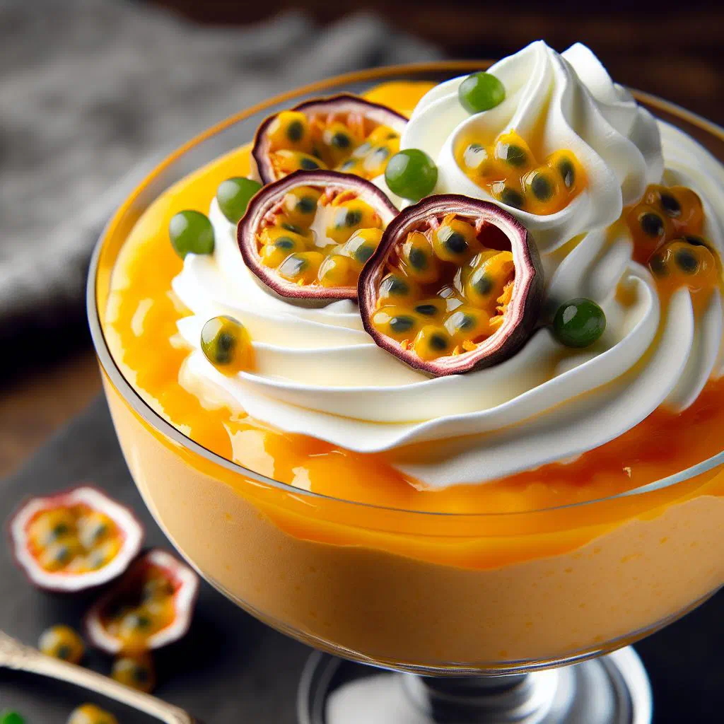 Creamy passion fruit mousse served in a glass, topped with fresh passion fruit